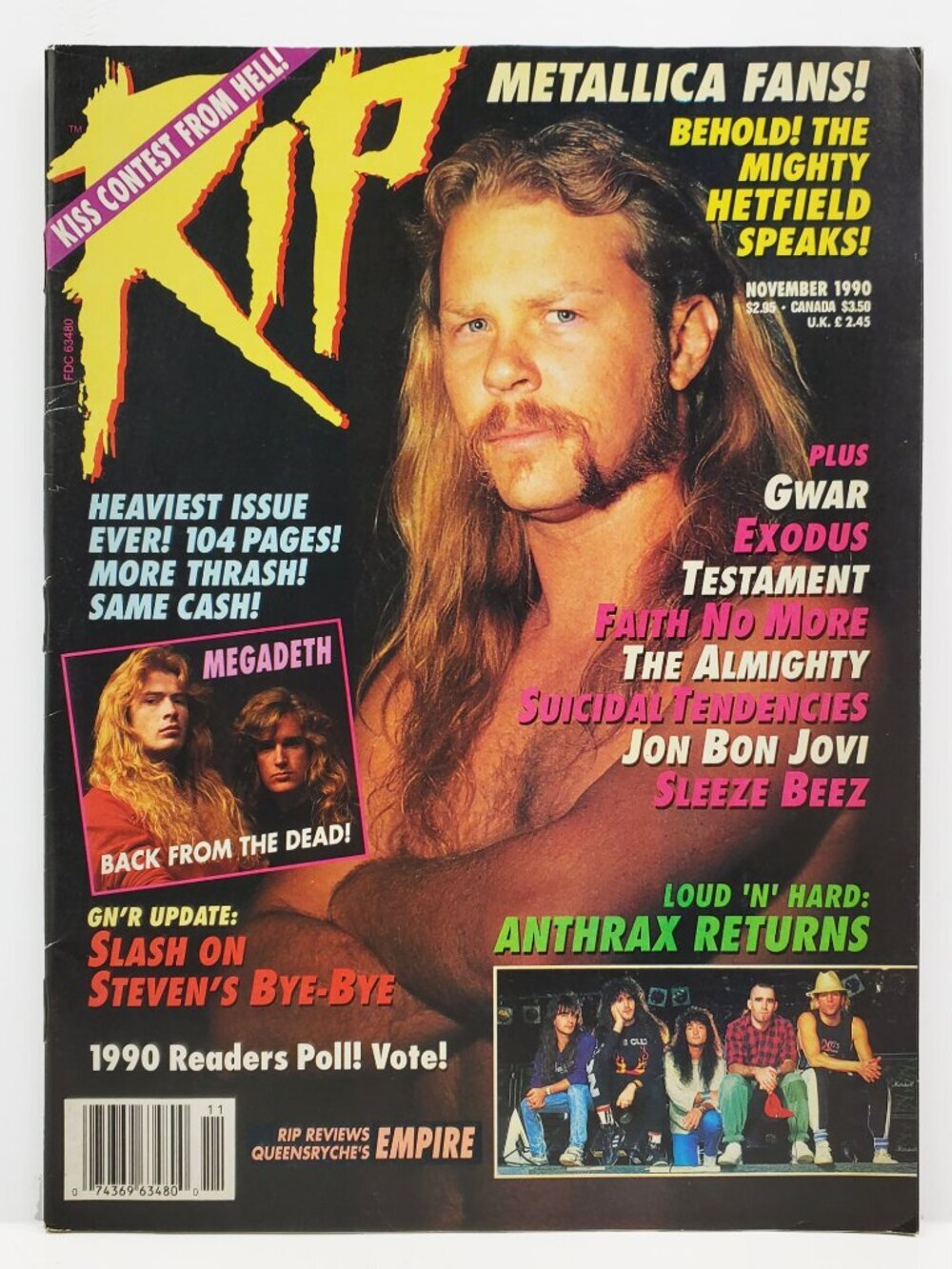 RIP Magazine VTG 1990 Hetfield GWAR Megadeth Anthrax Exodus Tendencies, Pin-Ups